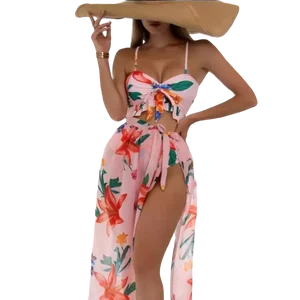 Wholesale Three Piece Swimwear One Smock Two Piece High Waist Bikini With Beach Cover up Swimsuit