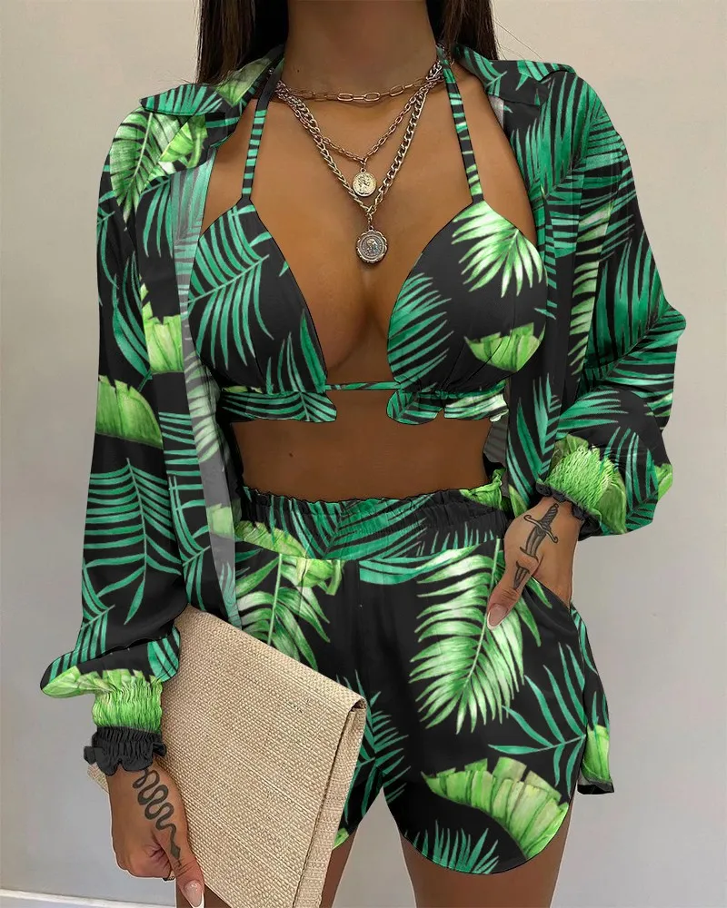 Summer Outfits Clearance! HJCOMMED Oversized Sexy Sets for Women Hawaiian  Print Long Sleeve Shirt Biker Shorts Set Two Piece Outfit Green 