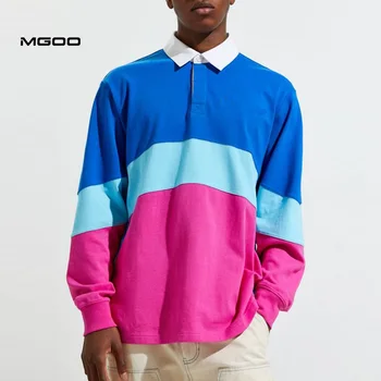 MGOO Mens Rugby Shirt Contrast Color Casual Oversized Long Sleeve Polo
