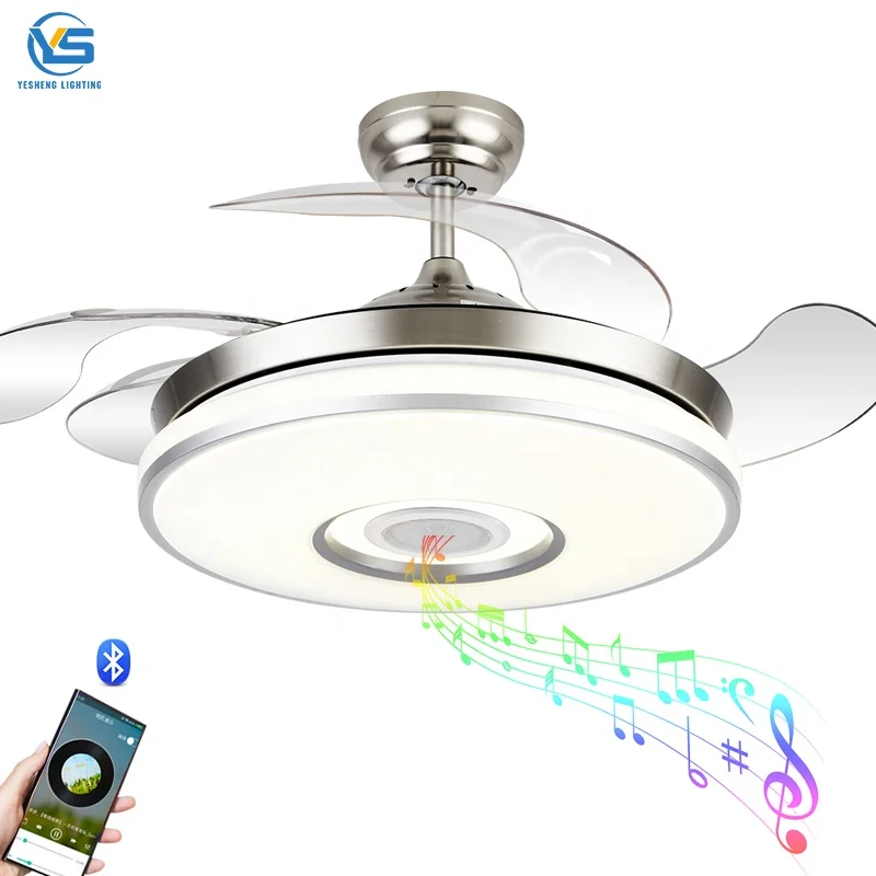 2034S 42Inch Modern Retractable Ceiling Fans with Light Speaker Music Player Chandelier 3 Colors Invisible Blades Remote Control