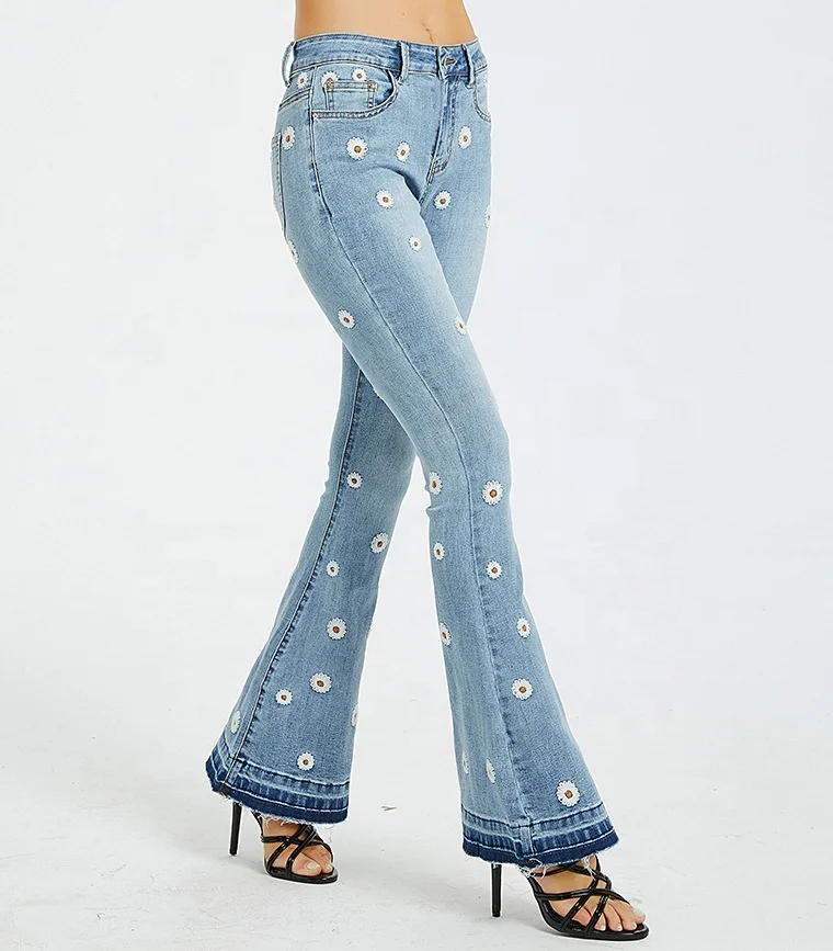 2024 Bestselling Women's Daisy Embroidered Flared Wide Leg Denim Jeans for  Women