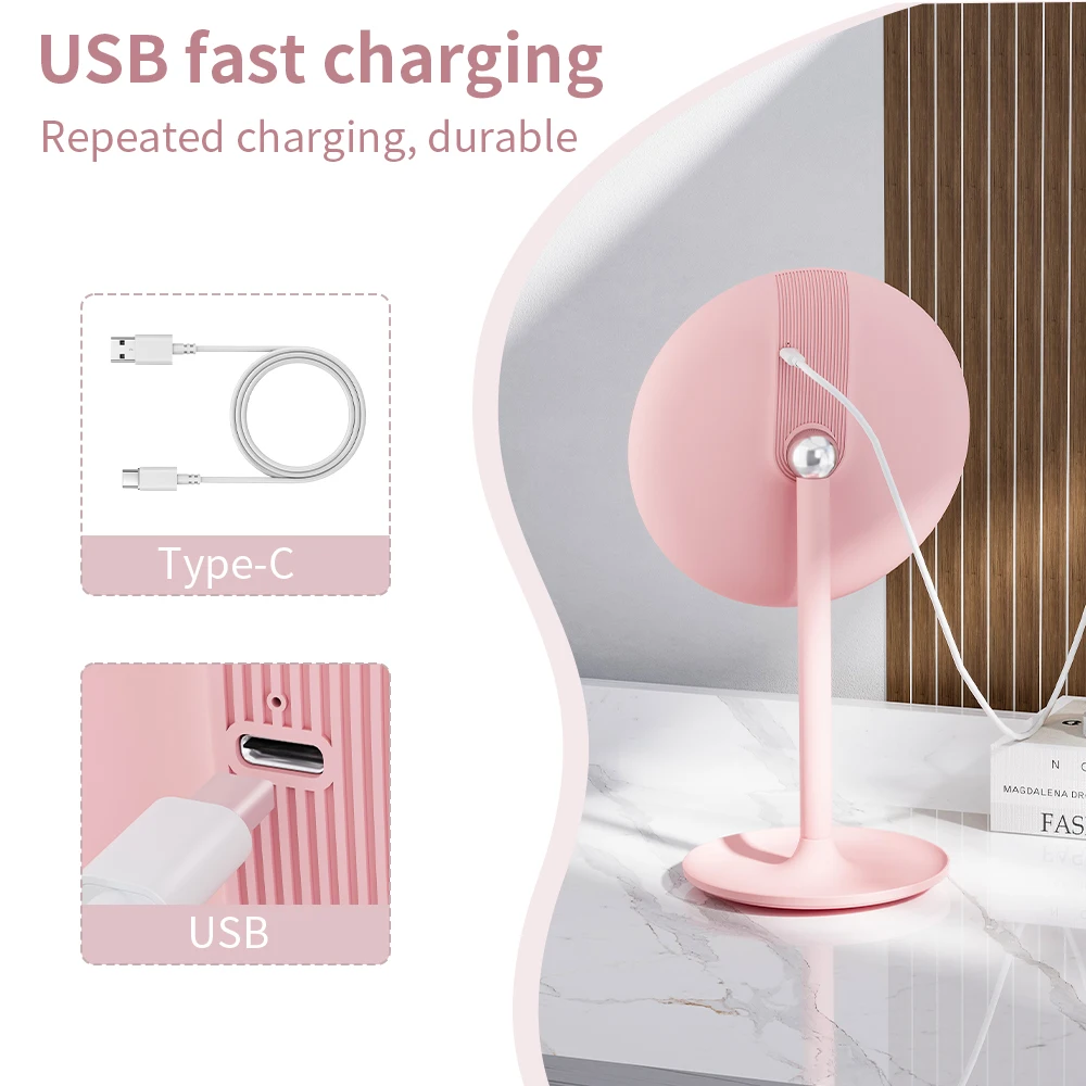 Eyelashes Can Be Magnetized to the Holder 360 Degree Rotation Pink Round Cosmetic Mirror Rechargeable Lighted Make up Mirror