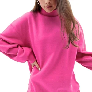 High Neck Oversized Sweater in Neon Pink Ladies Pullover Soft Plus Ribbed Cuffs and Hems