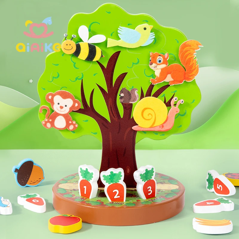 Montessori Early Education Wooden Toys Creative Animal Fruit Felt Sticker Tree Toy for Toddlers Fine Motor Skill Development