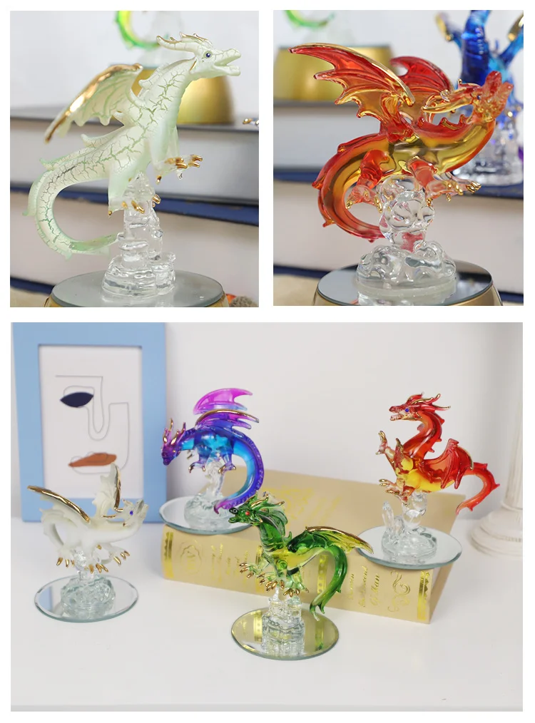 Hand blown blue spun glass dragon classic figurines with stand handmade Chinese Dragon Miniature animal art for sale supplier