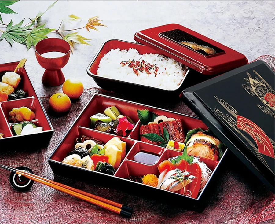 Japanese Gold Colored 5 Compartments Two Piece Bento Box Lacquered Plastic  Serving or Display Platter Tray 11.75 by 9.5