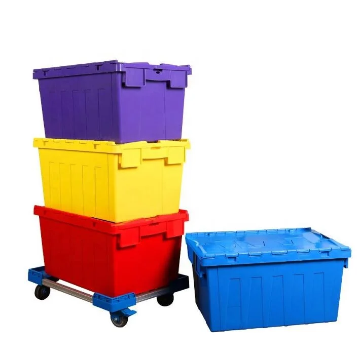 Heavy Duty Industry Use Stackable  Large Plastic Storage Wardrobe Moving Boxes Crate Manufacturer Sale With Wheels Dolly pp