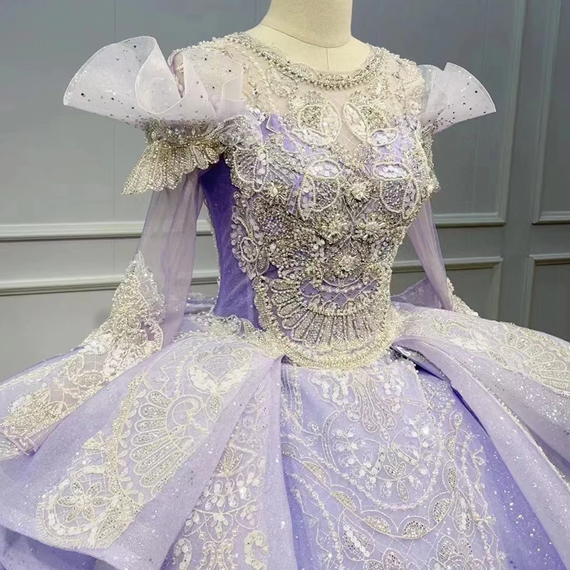 New Design Factory Direct Sales Long Sleeve Quinceanera Dress Purple Lace Color Wedding Dress Wn036