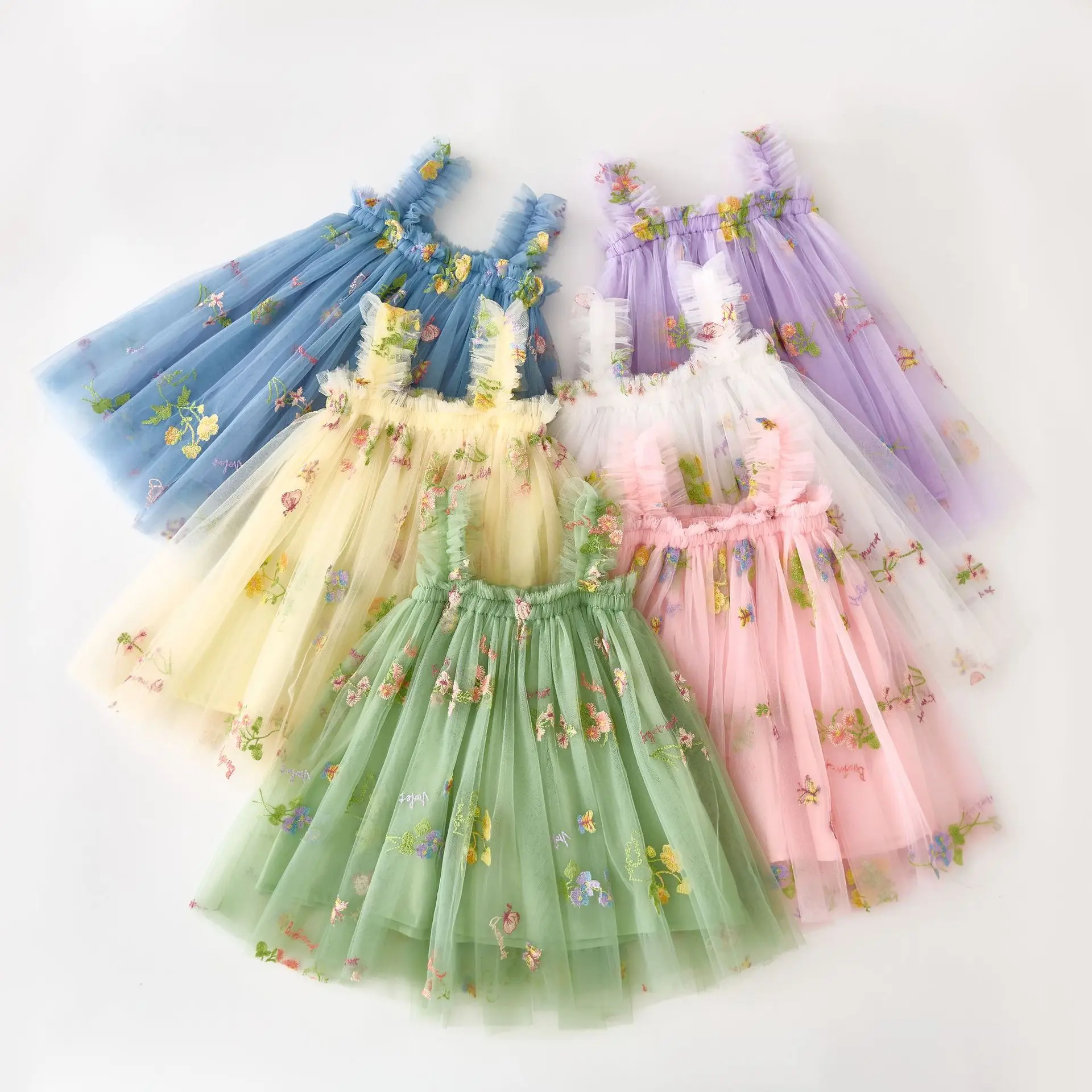 2024 Summer Tulle 3d Beautiful Embroidery Flower Girls Dress for Kids 1-6 Years