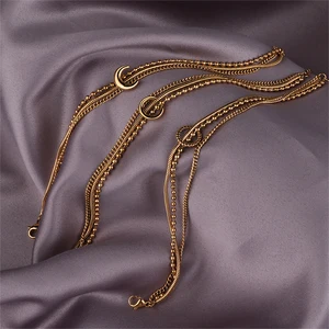 Trendy 3 in 1 Layers Snake Chain Link Beams Bracelet Moon Sun Charm 18K Gold Plated Stainless Steel Jewelry Pendant for Women