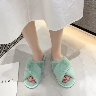 Woolly cotton slippers autumn and winter new women's flat open toe home cross plush slippers