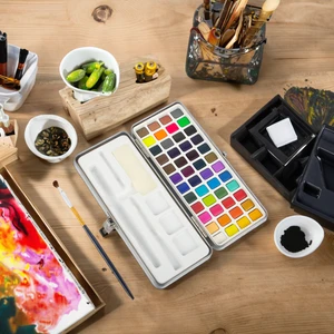 48-Color Watercolor Paint Set with Water Brush Pens & Drawing Pencil Starter Kit Canvas Paper Painting 3ml Capacity