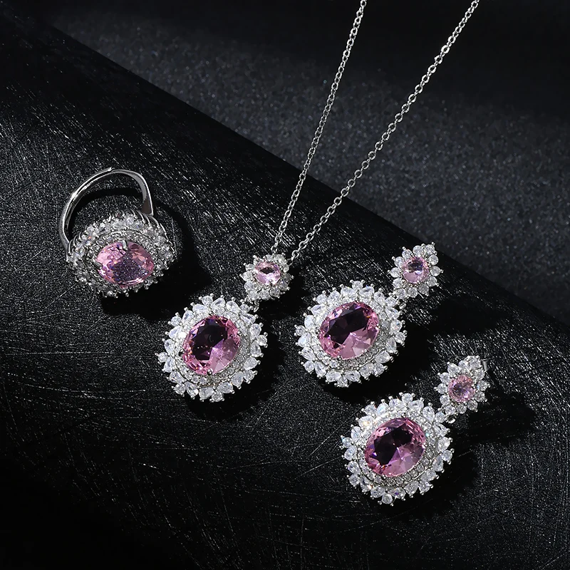 Wholesale Wholesale Western Fashion Luxury New Colorful Zircon Pink Diamond  Necklace Jewelry Set silver plated women jewelry From m.