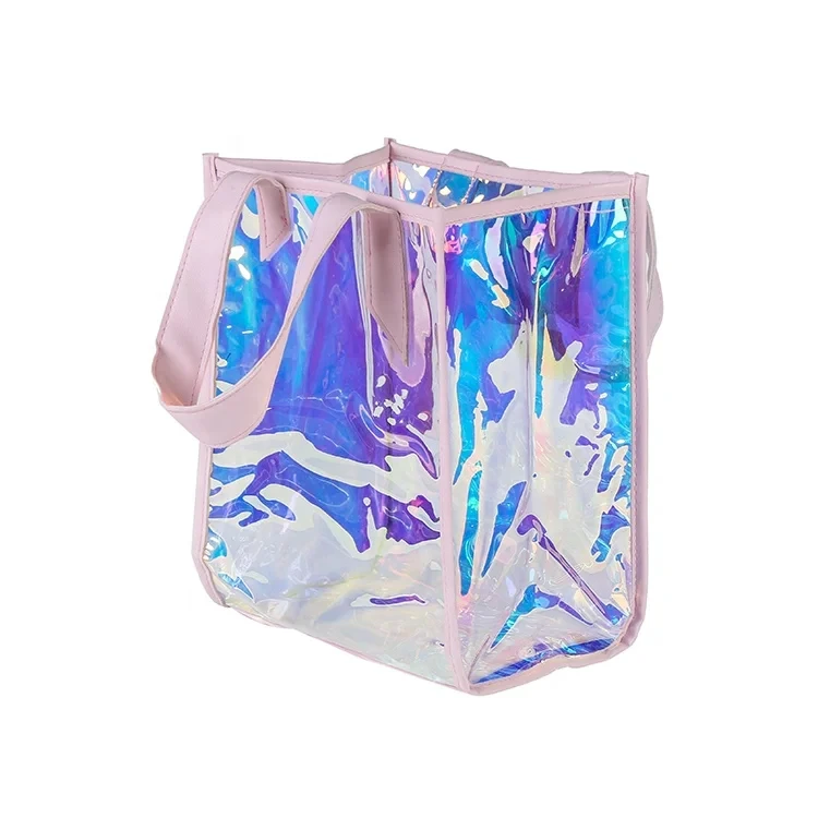 Personalized Transparent PVC Cosmetic Bag Holographic Woman Tote Shopping Bags