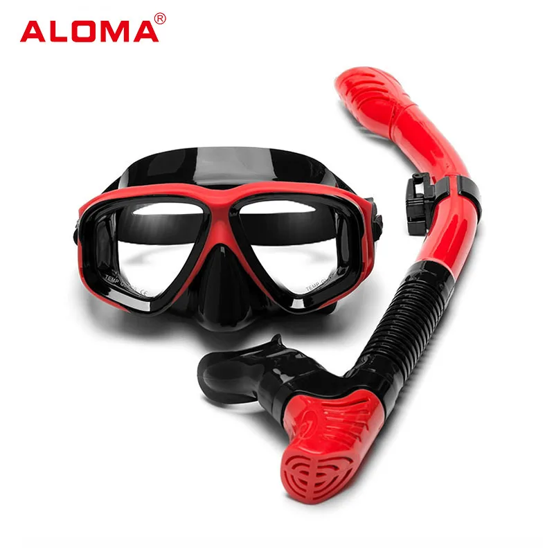 Aloma Custom logo anti-fog tempered glass silicone mask strap snorkeling free diving mask snorkel gear set