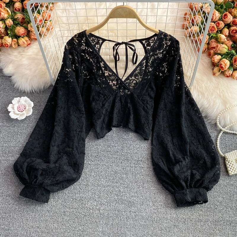 Blusa Pizzo Donna Elegante Chiffon Scollo V Bluse Donna Blouses Camicetta Camicette Donna Top Maniche Lunghe Donna Tunica Blusas Oversize Camicia Maniche Sbuffo Camicie Casual Donna Larghe Grigio S