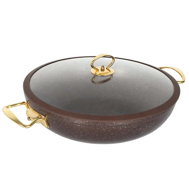 High Quality Cookware New Model Brown Color Durable Non Stick Marble Stone Coating Forged Wok Pan With Two Ear