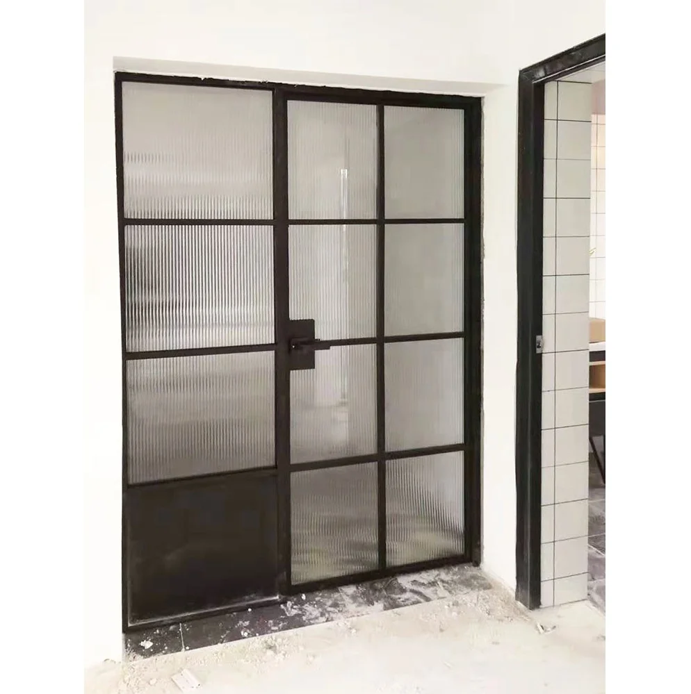 Iron windows and Doors Black Frame Steel Tube Tempered Glass French Doors with Grids Design