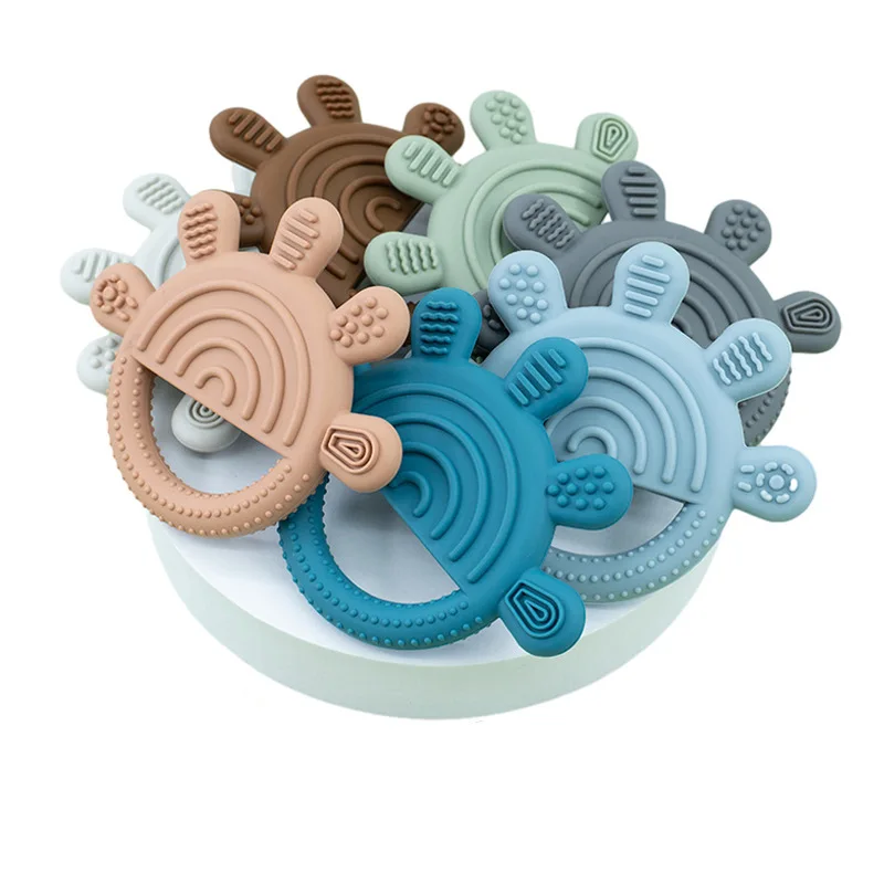 Anneau de dentition rond en silicone biologique, unisexe, nouveau design antidéweaning, jouet apaisant, mordilleur et hochet mastiquable pour bébés