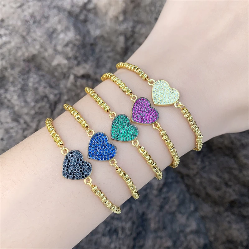 Hot Selling Vintage Adjustable Bead Chain Bracelet Women Fashionable Colored Zircon Heart Shaped Bangles Popular Europe America