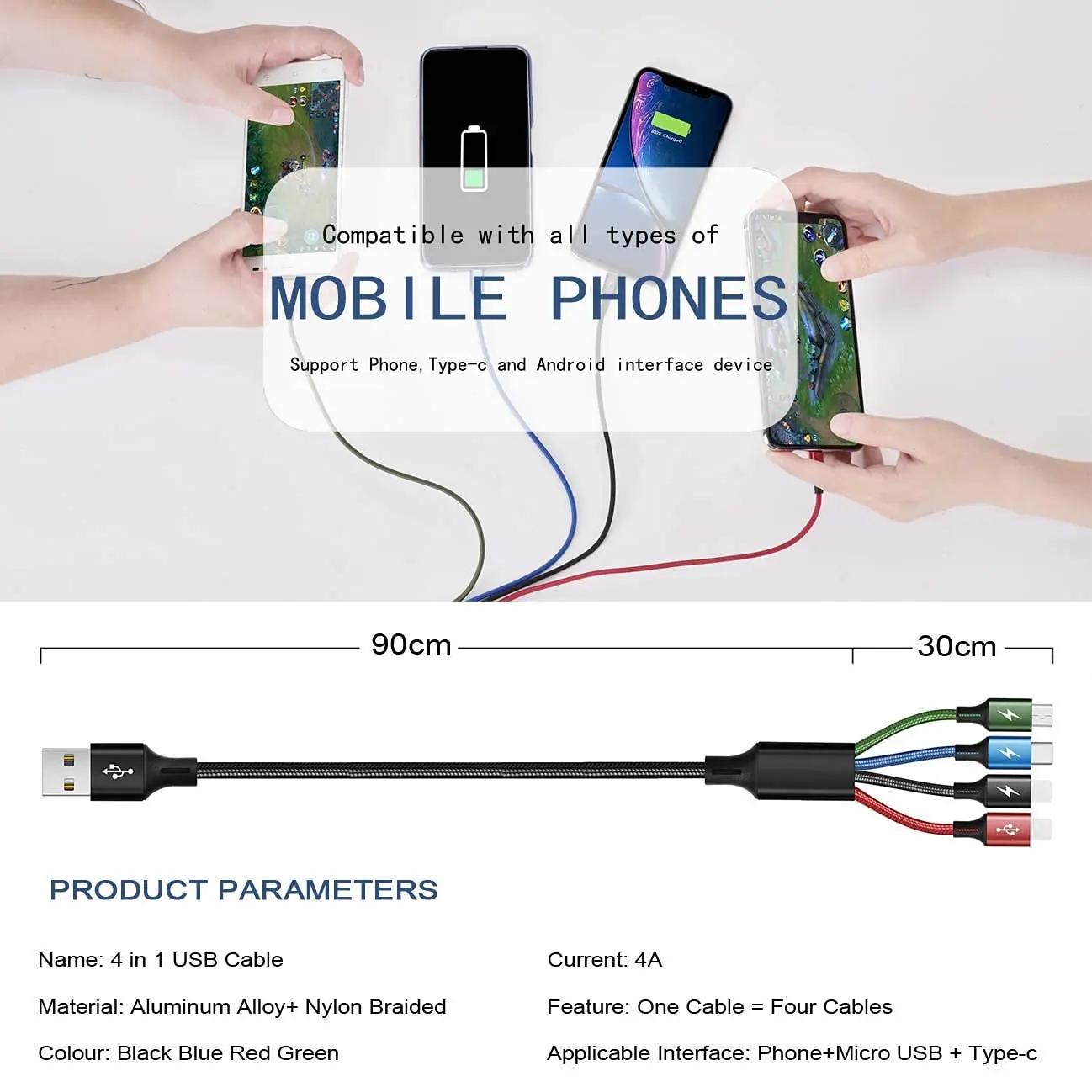 4 in 1, Mini Usb Connector, Braided Cable, 2 Meters