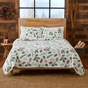 Professional Manufacturer Polyester Printed Pinecone Tree Christmas Style Quilted Bedspread Bedding Set