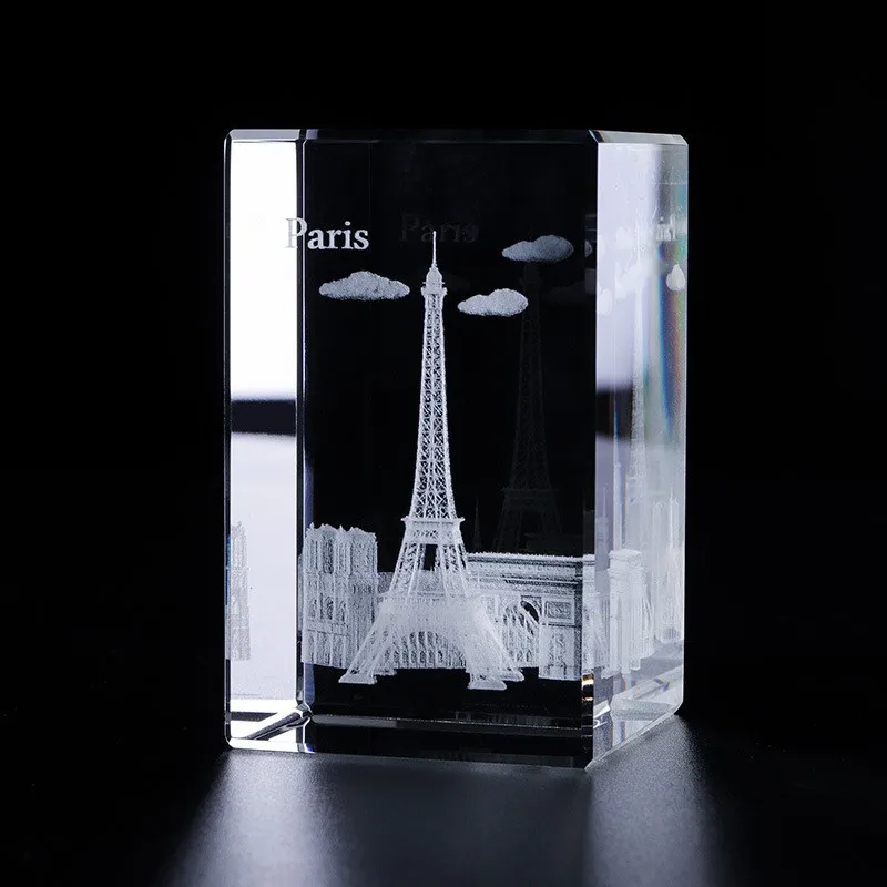 Factory Wholesale 3D Laser Eiffel Tower Arch of Triumph Louvre Notre Dame Cube Souvenir Blank Crystal Crafts For Laser Engraving factory