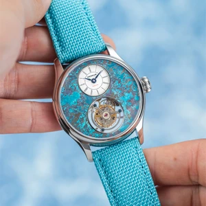 OEM Skeleton Tourbillon Watch Sapphire Glass 316l Stainless Steel Leather Strap Sky Blue Dial China Mechanical Wrist Watch Men