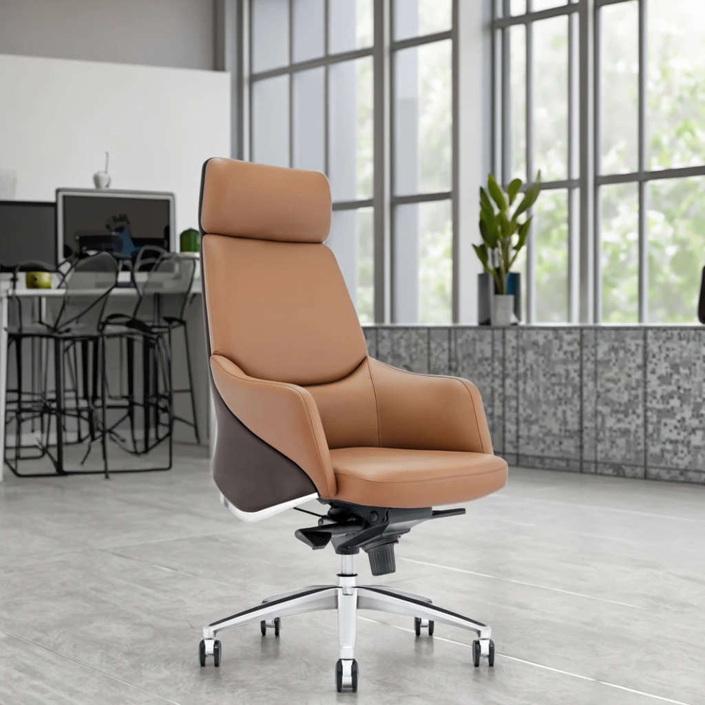 Premium Executive Leather Chair Synchronous Tilt System Frosted Alloy Legs Corporate Status Piece 5