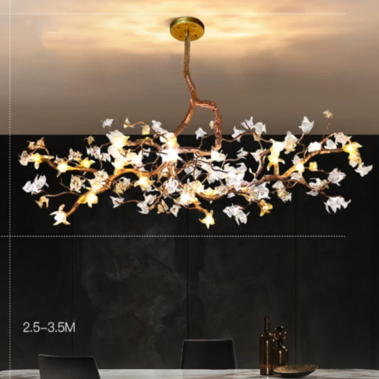 Copper Chandelier Lights with Sparkling Azure Stone Trumpet Flower Lanterns Decoration Club Ceiling Pendant Lamp