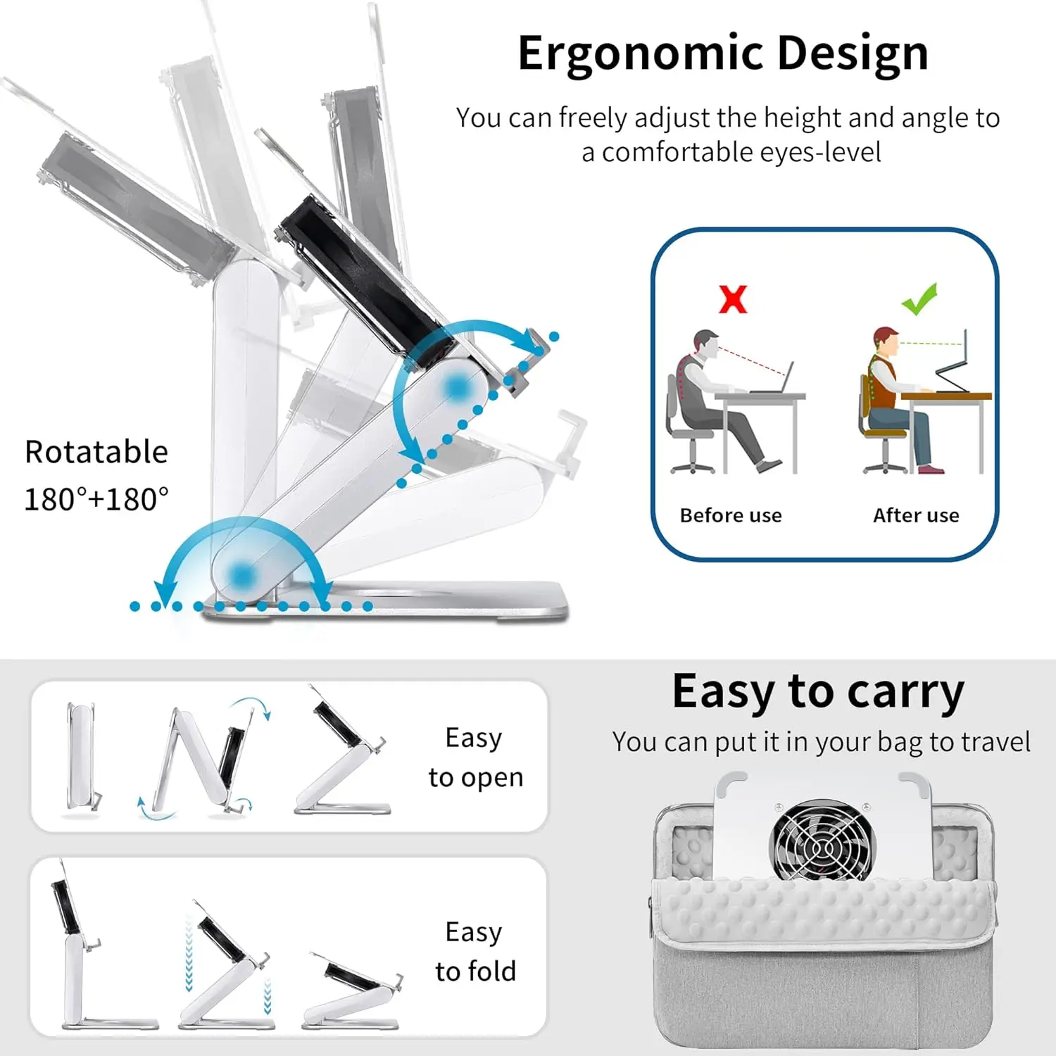 Metal Adjustable Laptop Stand 360 Degree Rotating Laptop Cooling Stand Foldable Laptop Riser Stand with Double Fans