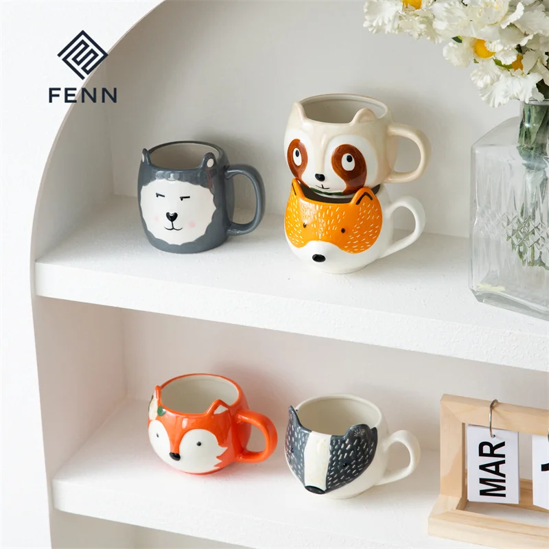 product fenn cute coffee mug cartoon cute fox cat cow novelty water cup hand painted ceramic novelty mugs wholesale ceramic mug custom-57