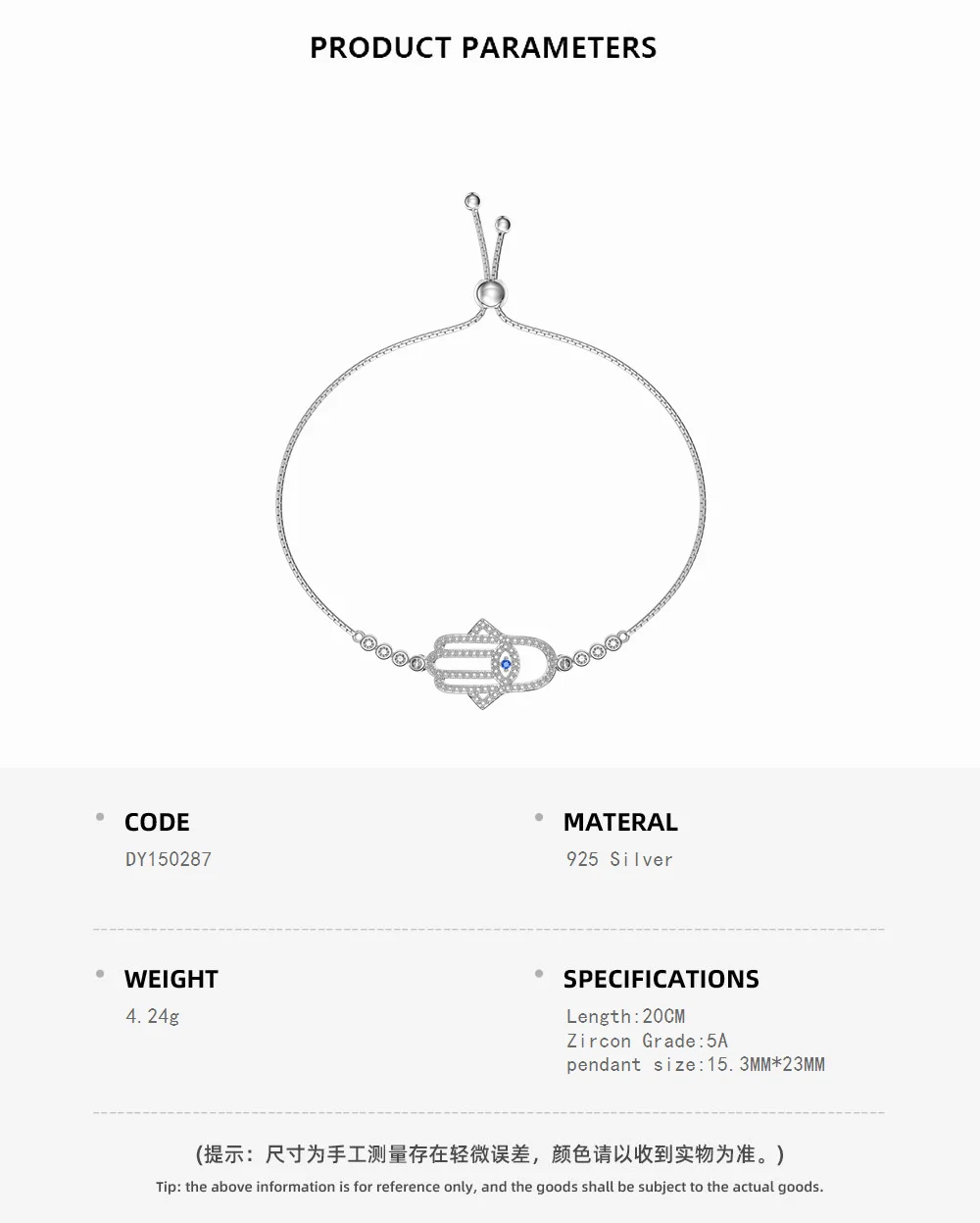 KAKODIY Matte 925 Sterling Silver Hollow Hamsa Bracelet Cubic Zirconia Tennis Amulet Bracelet Women's Accessories detail 1