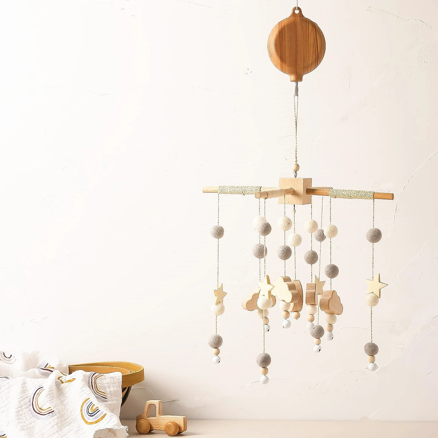 Mobile Music Box Spinner with Remote Happy Bed Bell Wooden Texture Crib Mobile Motor for Baby Cot Decoration Lull to Sleep