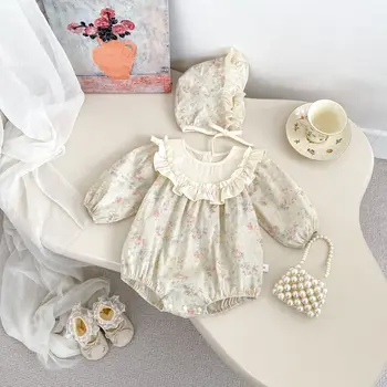Summer New Vintage Floral Baby Girl Romper Big Lace Casual Style Full Moon Crawling Outfit Long Sleeve Neck Button Closure