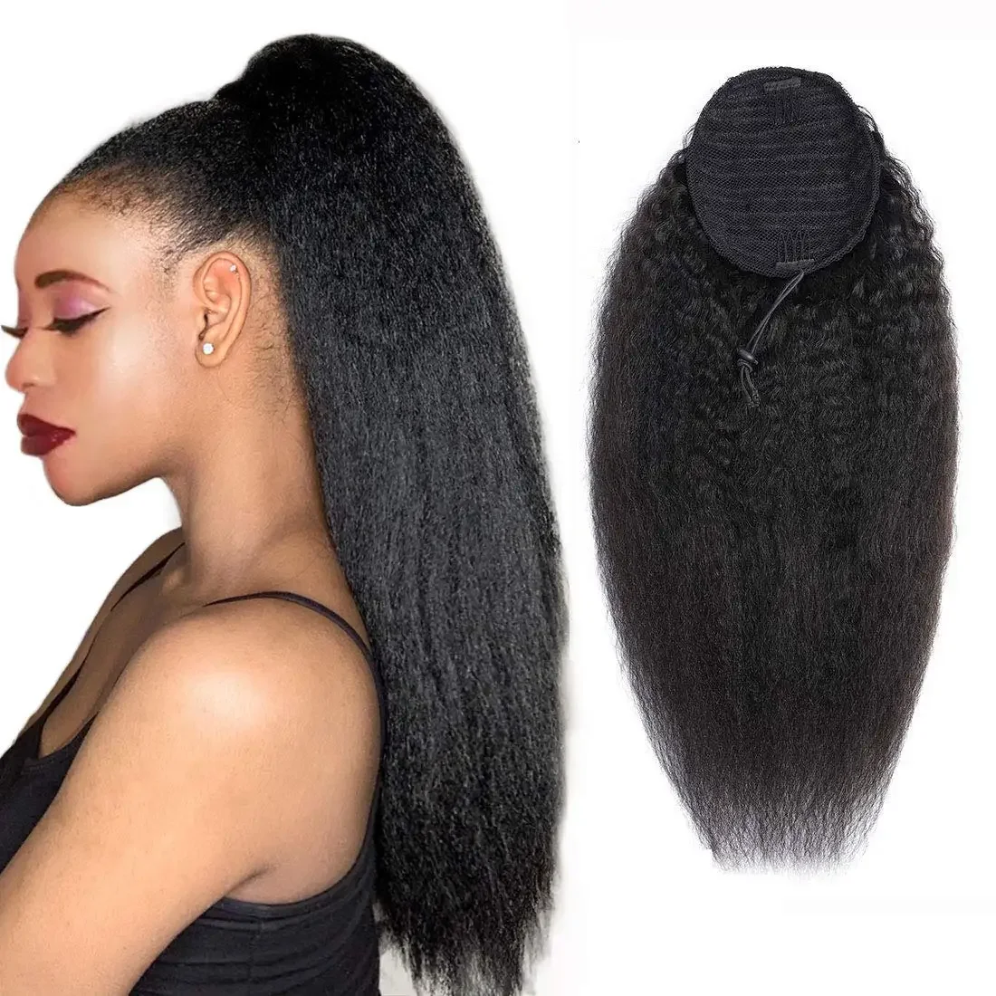 Kinky Straight Human Hair Paardenstaart Extension Yaki Drawstring Natural Black voor Vrouwen_voghion.com