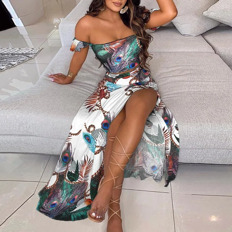 two piece beach dress for women 02. Maxi dress, Two piece beach resort set, long skirt. orange color. –  DELAMARBOUTIK main image 0