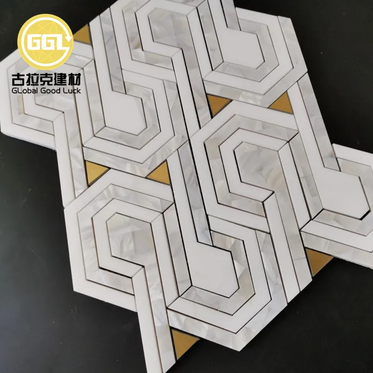 Nature Shell Mix Brass and Marble Waterjet Mosaic Tiles for Wall Decoration