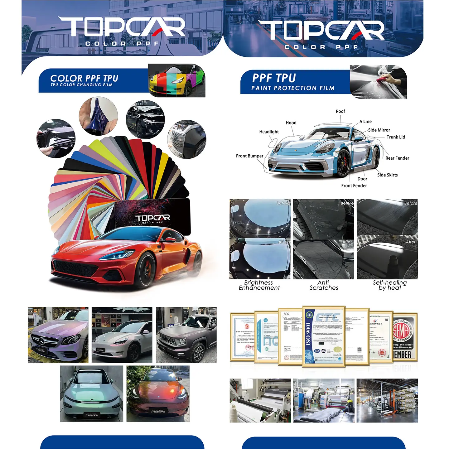 TOPCAR Color Changing PVC Body Satin Metallic Silver Car Film Wrapping Vinyl High Quality Air Bubble Free