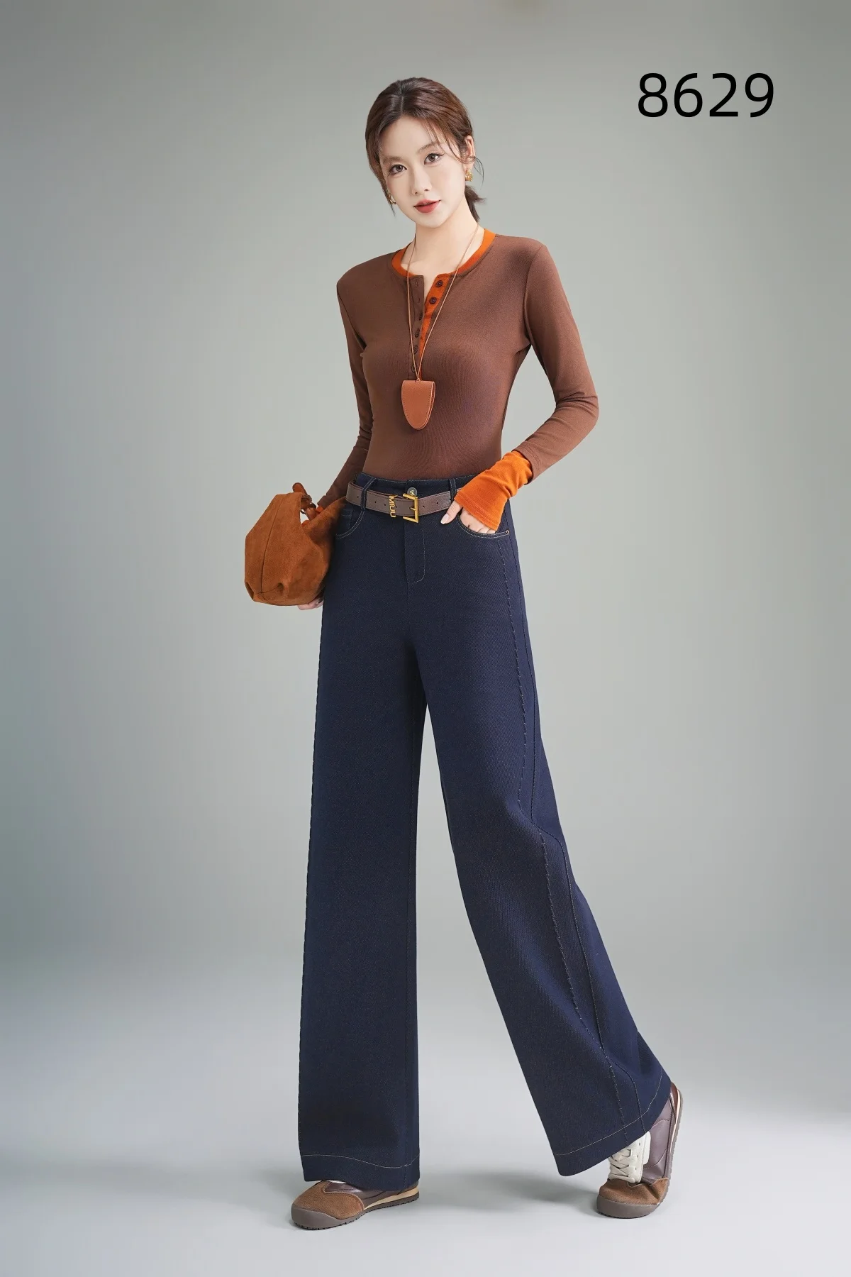 Lady's High-Waisted Wide-Leg Fall/Winter Office Pants Breathable Plain Dyed Solid Color Long Zipper Fly Anti-Wrinkle Wear a Belt