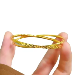Wholesale Women's Sand Gold Double Chain Ancient Method Bangle Fashion 18K Gold Plated Trendy Anniversary