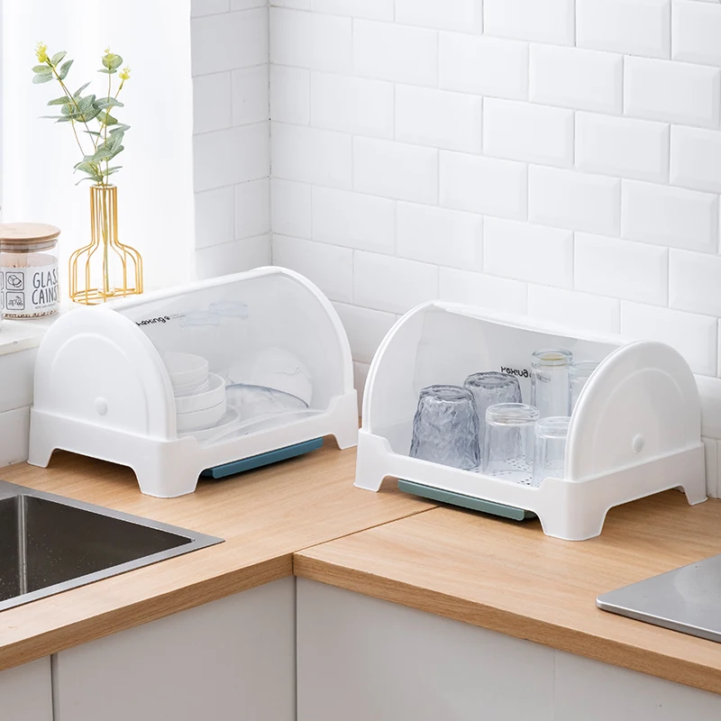 Slide Cover Dish Rack Kitchen Storage Containers Plastic Kitchen Dish Rack Bread Box Dish Drying Rack With Draining Tray