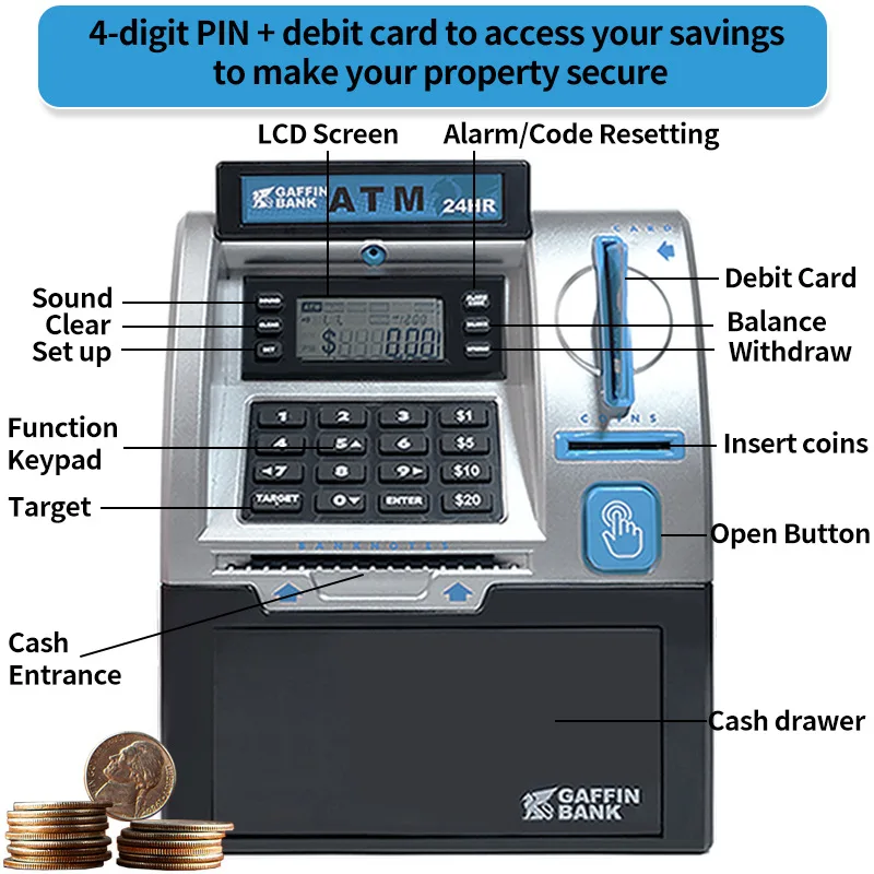 High Quality Electric Simulation Kids Mini Banking Atm Machine Toys Wholesale Multifunctional Money Storing Savings Piggy Bank