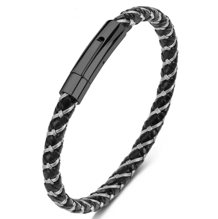 Men Silver Leather Bracelet  Jewelry Bracelet Real Leather Bracelet Manufacturer
