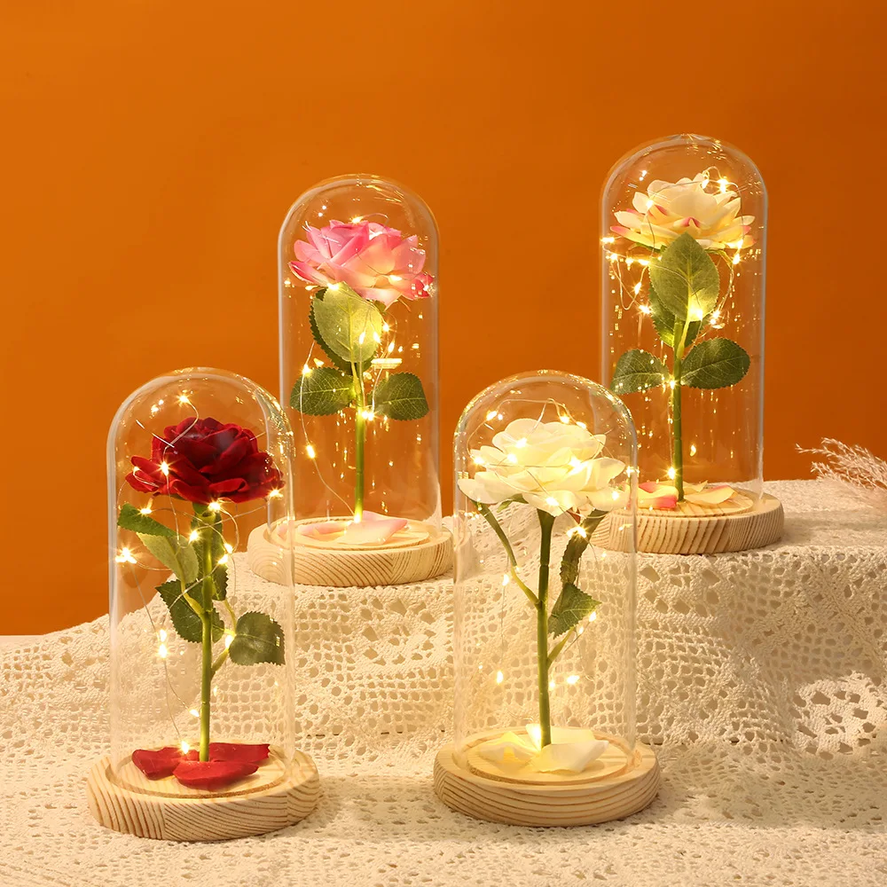 24k Gold Foil Rose In Glass Dome Decorative Flowers With Lights ...
