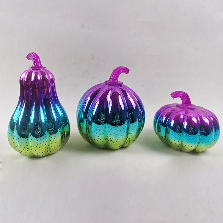 Small electroplating colored laser engraving dot pattern glass halloween led pumpkin lights indoor tabletop decoration for sale