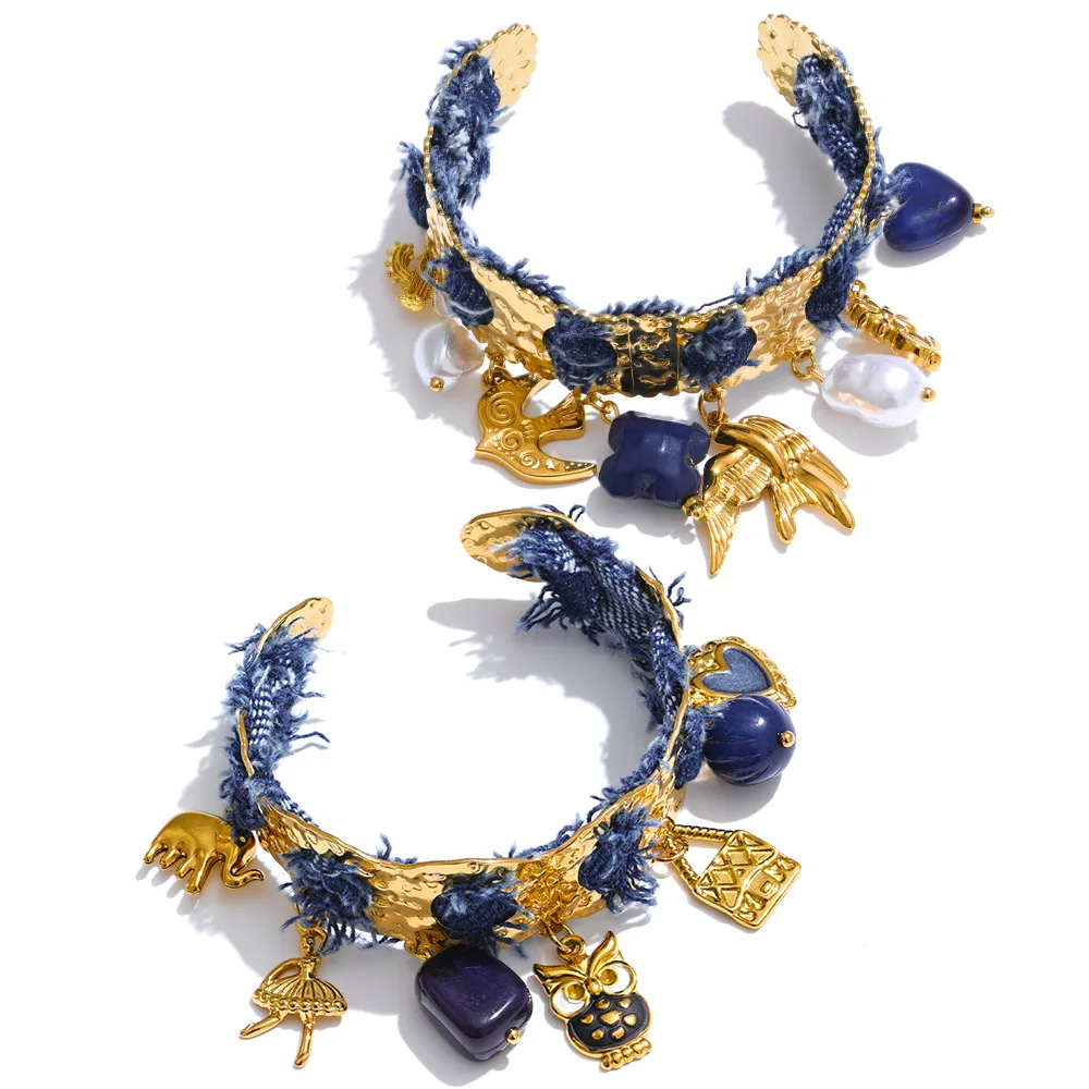 JINYOU 2445 Vintage Winter Style Denim Fabric Stainless Steel Gold