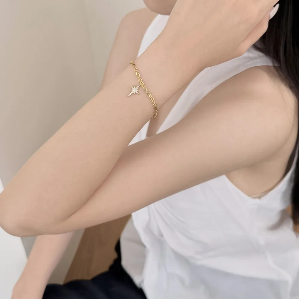 KAKODIY Women's Rhodium 18K Gold Plated Eight Point Star Bracelet 5A Zirconia Cross Tail Pendant Link Bracelet with Extender detail 5