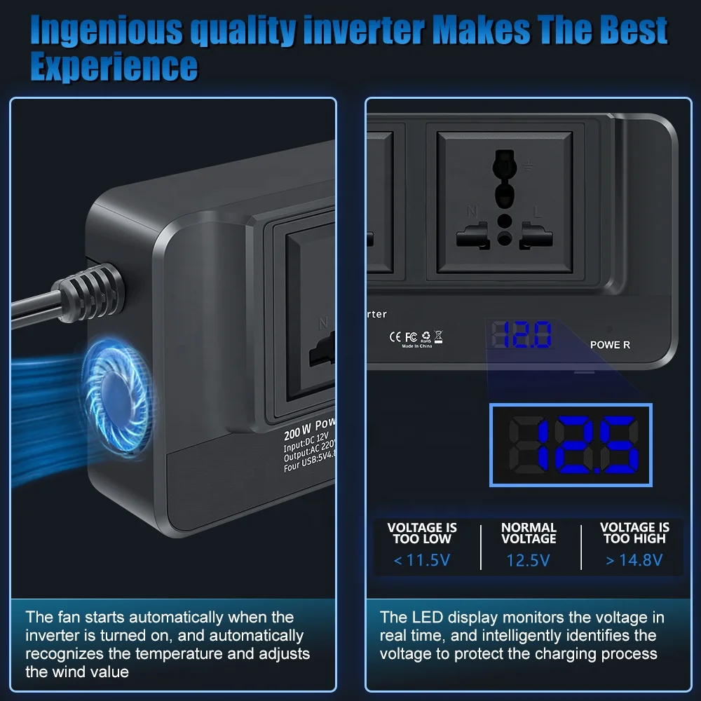 Universal Sockets 2 AC Outlet 2USB Port 1 Type-C QC3.0 Port Modified Sine Wave 200W DC 12V to AC 220V Germany Car Power Inverter