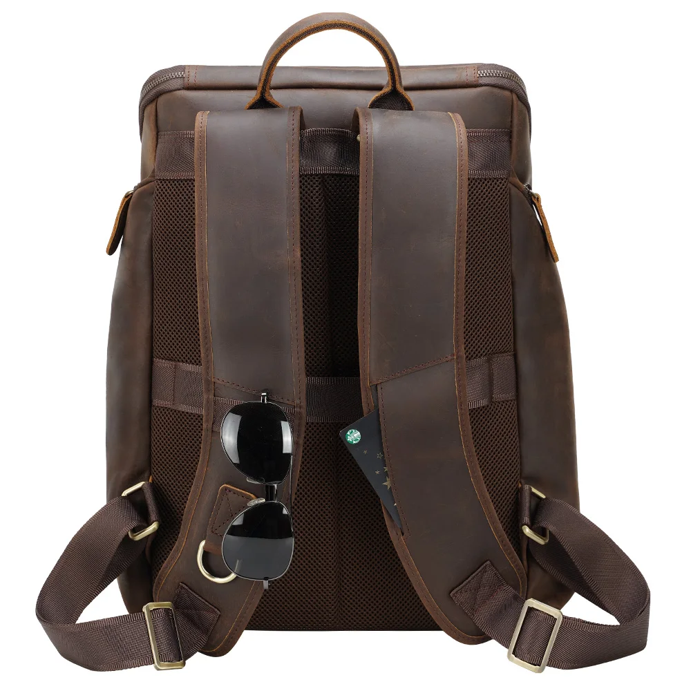High Quality Classic Design Dark Brown Male Genuine Leather Back Pack Bag 15.6 Inch Laptop Backpack Bag